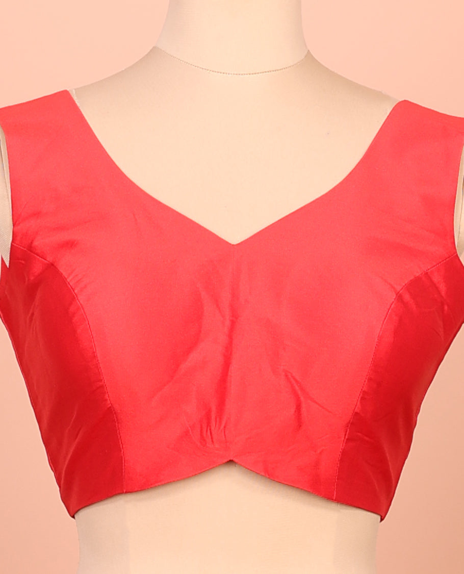 Red Plain Readymade Blouse Featuring a Front V-Neck, Back Deep V-Neck, and Sleeveless