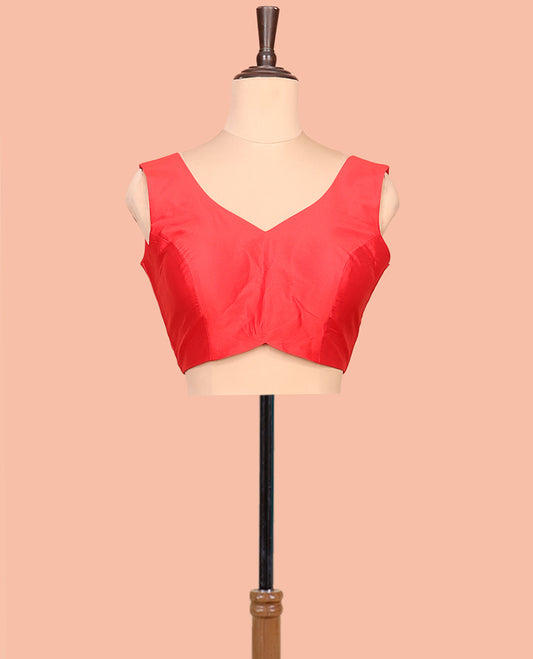 Red Plain Readymade Blouse Featuring a Front V-Neck, Back Deep V-Neck, and Sleeveless
