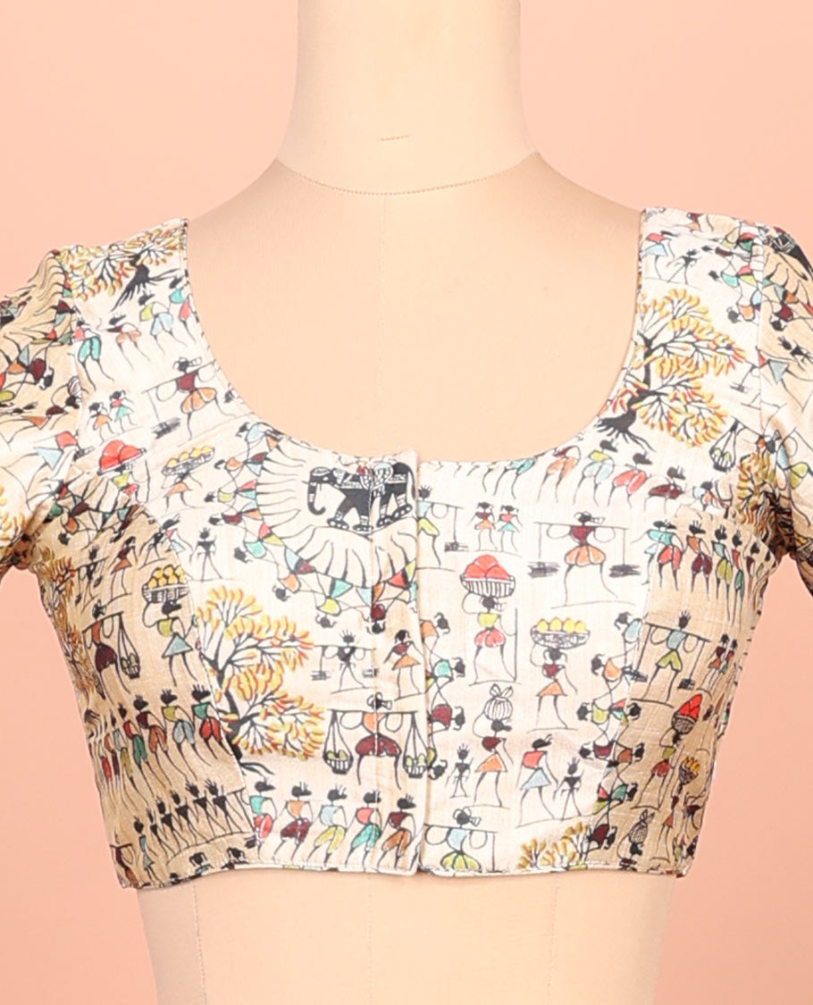 Sandal warli-village printed front-back round-neck elbow sleeve readymade blouse