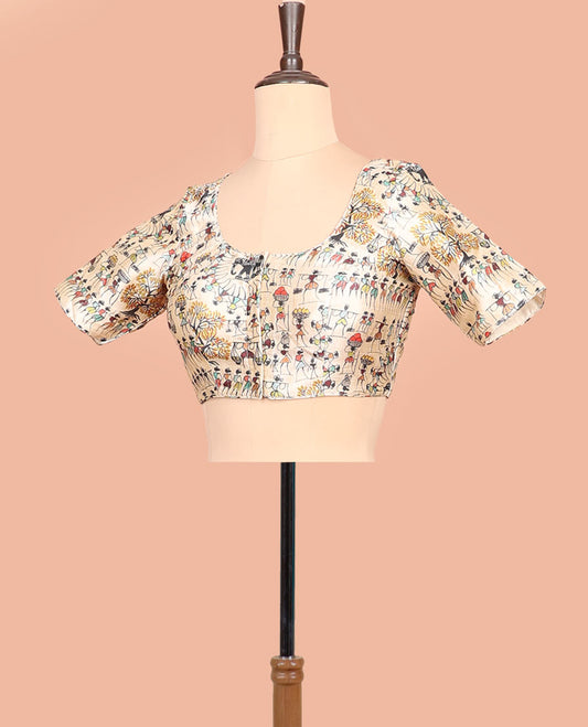 Sandal warli-village printed front-back round-neck elbow sleeve readymade blouse