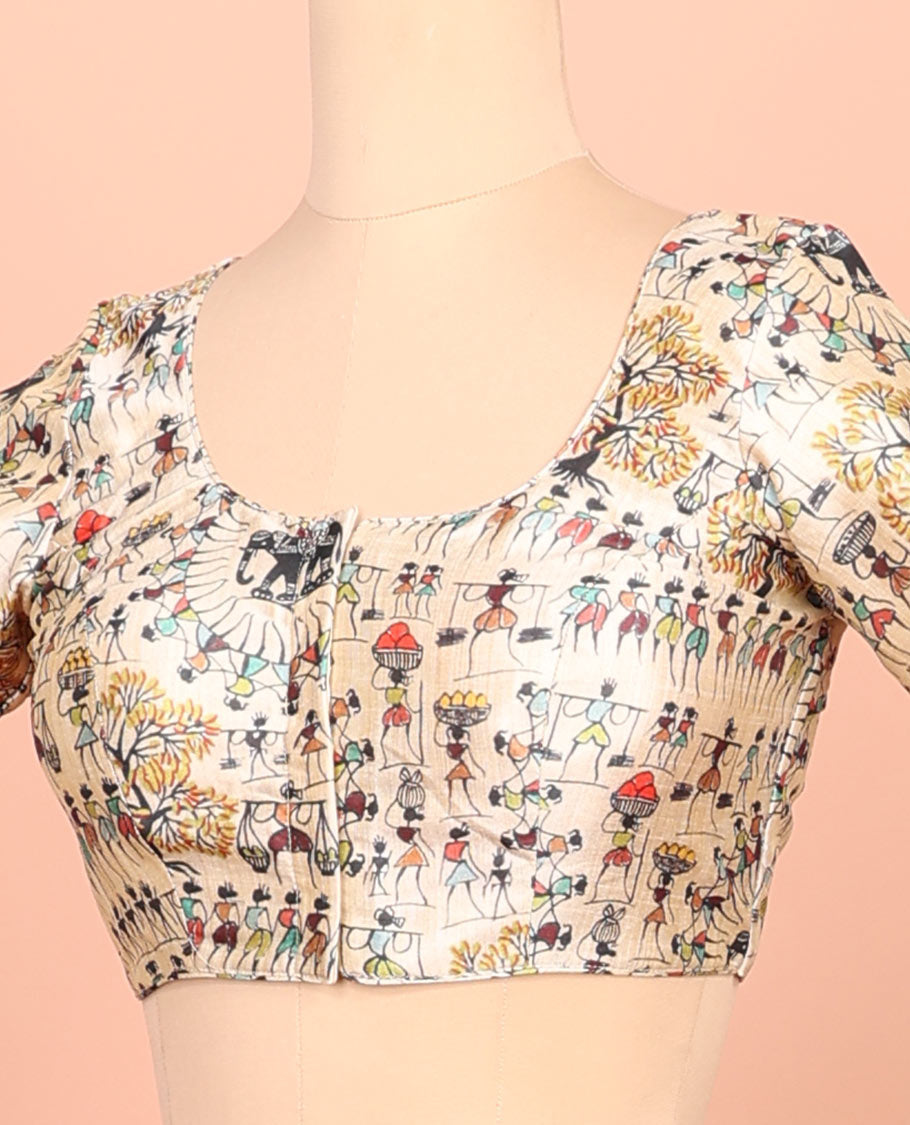 Sandal warli-village printed front-back round-neck elbow sleeve readymade blouse