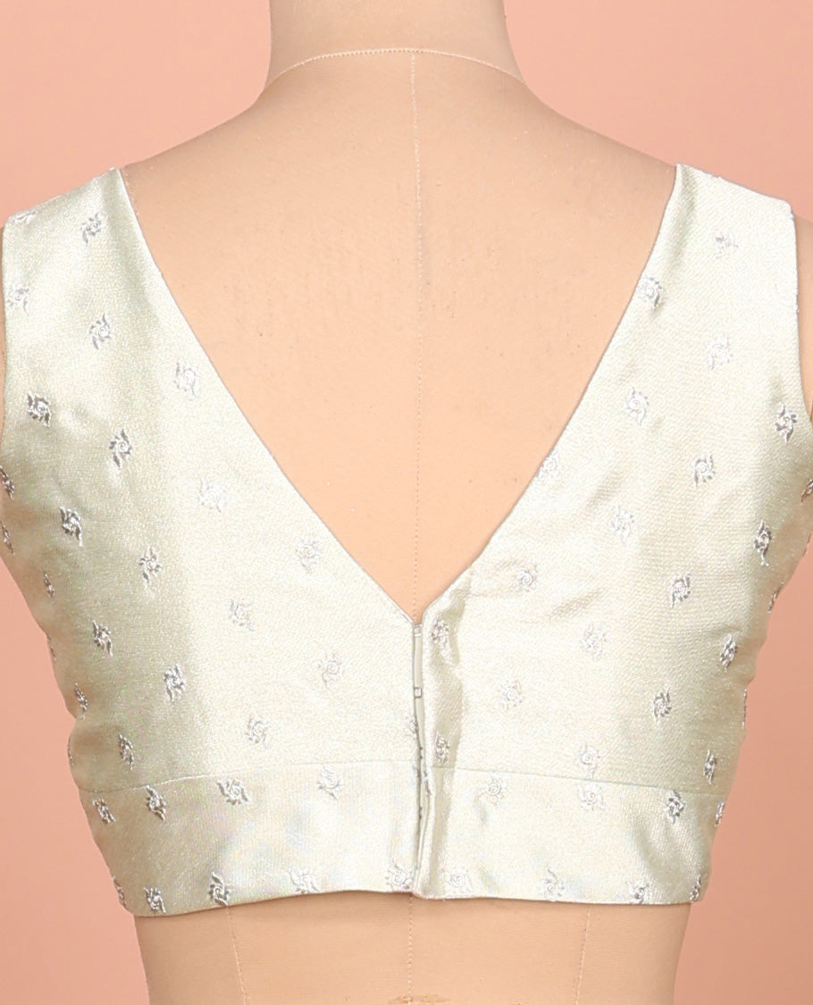 White thread buttas embroidered front and back V-neck sleeveless readymade blouse