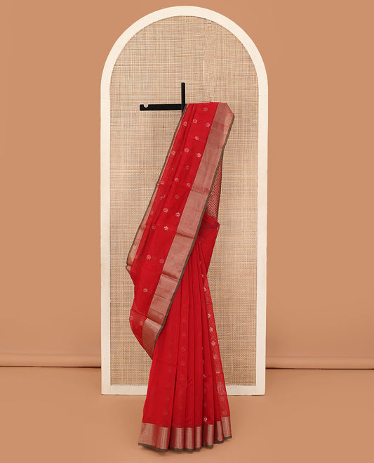 Red zari buttas silk cotton saree, contrast bavanji border, and pallu of chevron designs on zari