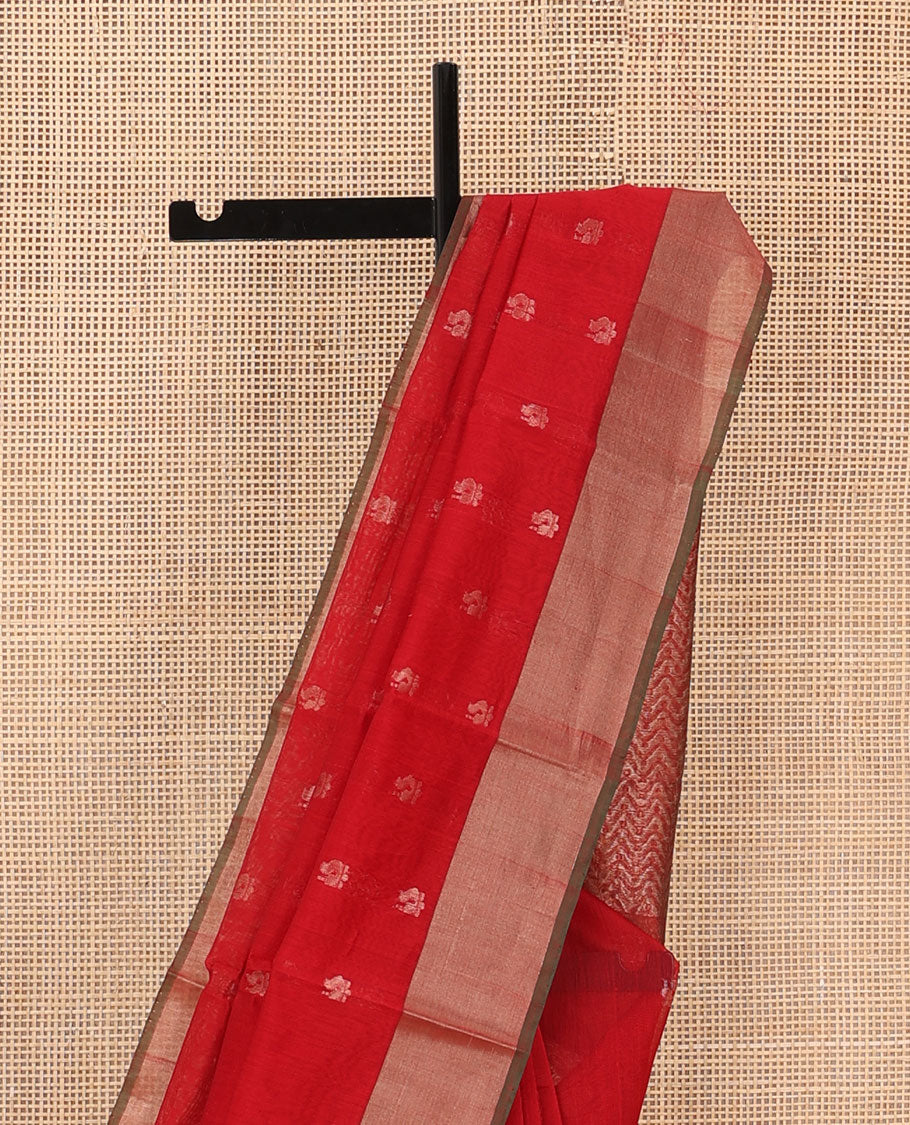 Red zari buttas silk cotton saree, contrast bavanji border, and pallu of chevron designs on zari