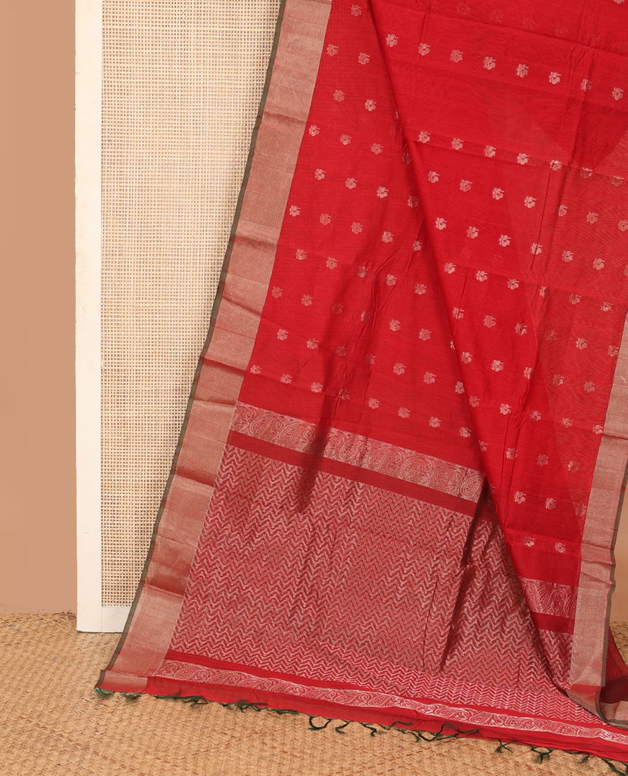 Red zari buttas silk cotton saree, contrast bavanji border, and pallu of chevron designs on zari