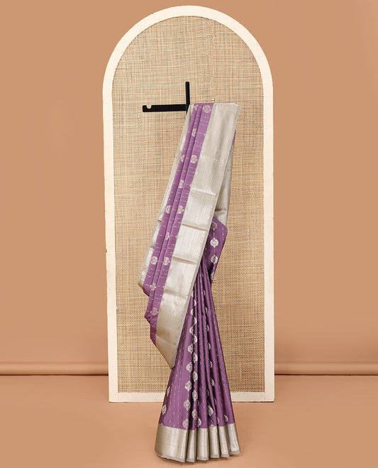 Purple zari buttas soft silk saree, contrast traditional zari design border, and jaal pallu