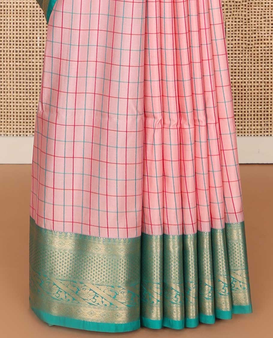 Light pink checked soft silk saree with contrast zari design border & floral design pallu