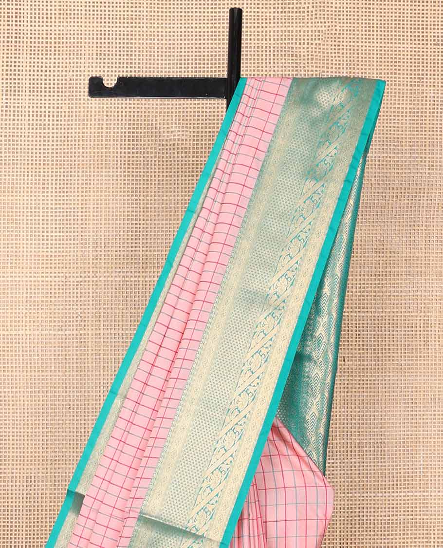 Light pink checked soft silk saree with contrast zari design border & floral design pallu