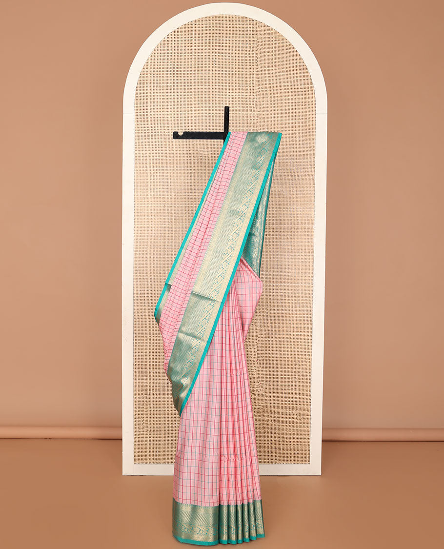 Light pink checked soft silk saree with contrast zari design border & floral design pallu