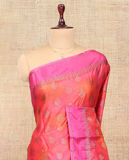 Pink -Orange Tussar Silk Saree, Enriched with Zari Buttas, Highlighted by a Zari Border, Floral Design Pallu, and a Matching Blouse