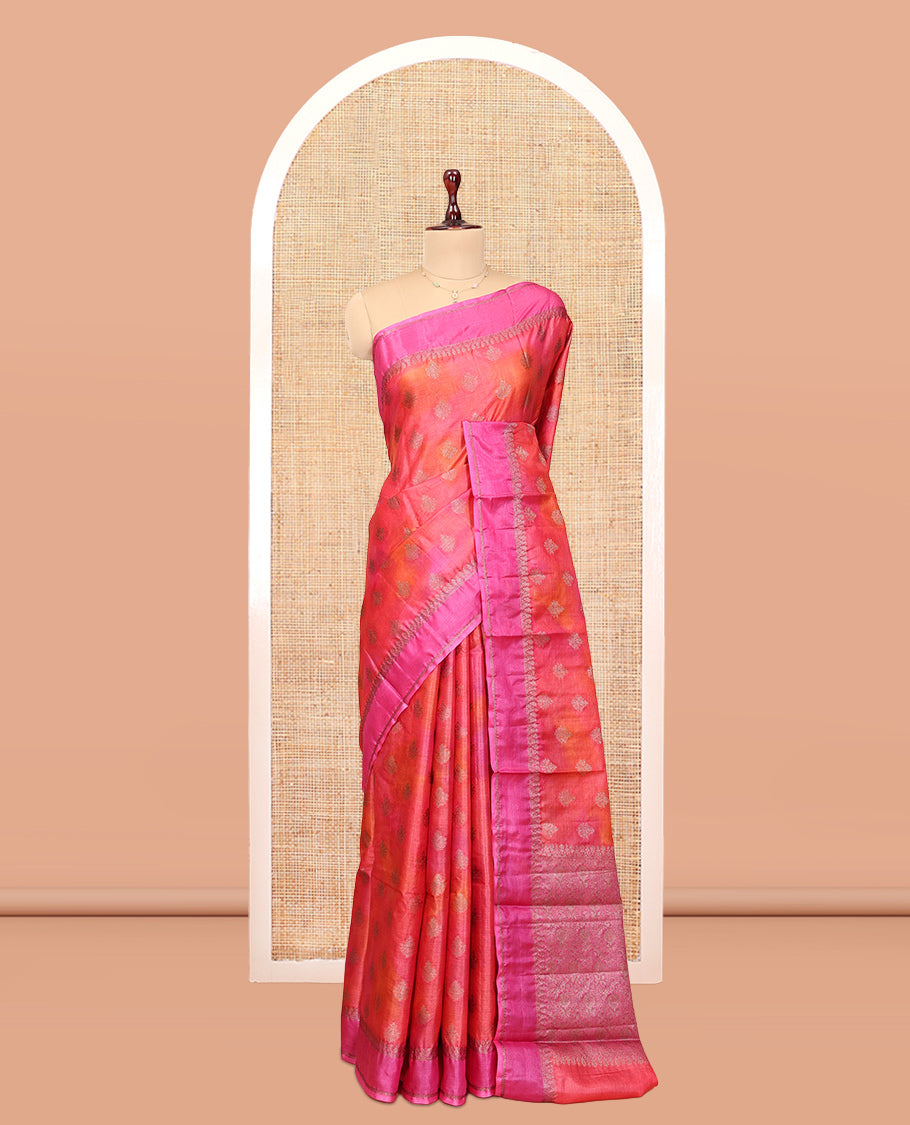 Pink -Orange Tussar Silk Saree, Enriched with Zari Buttas, Highlighted by a Zari Border, Floral Design Pallu, and a Matching Blouse