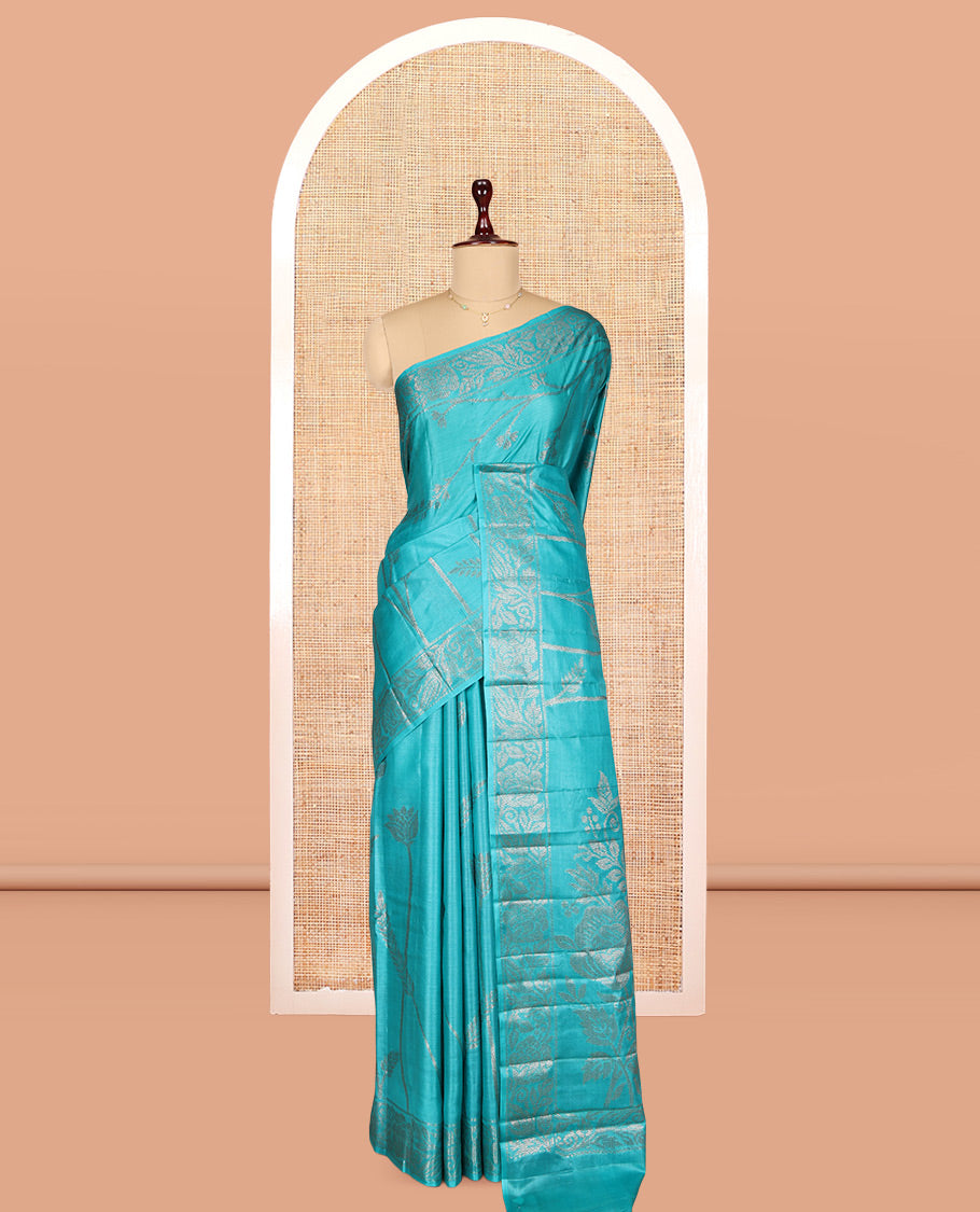 Blue Tusser Silk Saree, Decorated with Floral Jaal Jacquard Design, a Zari Border, Intricate Pallu, and a Matching Blouse