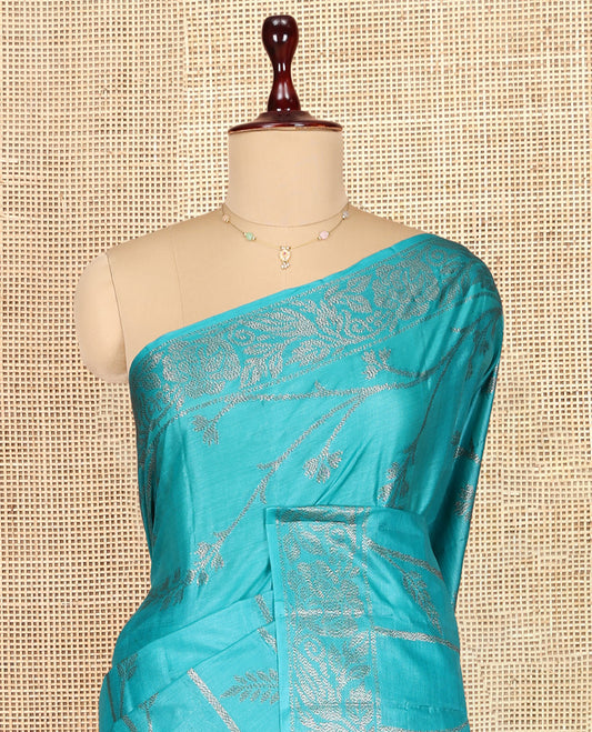 Blue Tusser Silk Saree, Decorated with Floral Jaal Jacquard Design, a Zari Border, Intricate Pallu, and a Matching Blouse