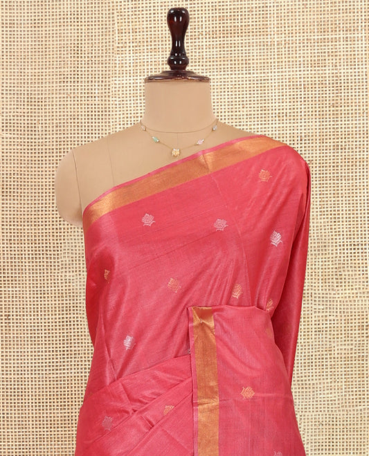 Pink Tussar Saree, Woven with Buttas, a Subtle Zari Border, Pallu of Zari Buttas, and a Matching Blouse