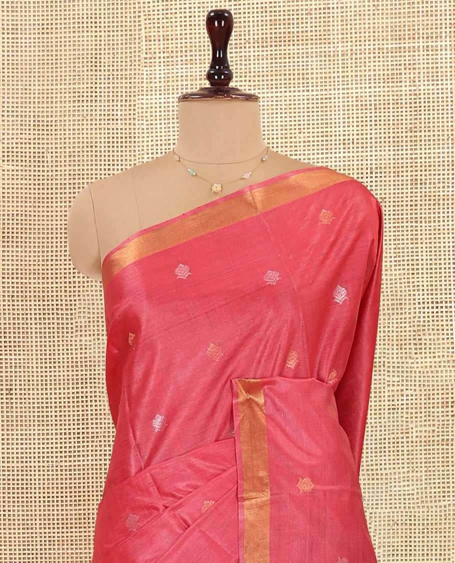 Pink Tussar Saree, Woven with Buttas, a Subtle Zari Border, Pallu of Zari Buttas, and a Matching Blouse