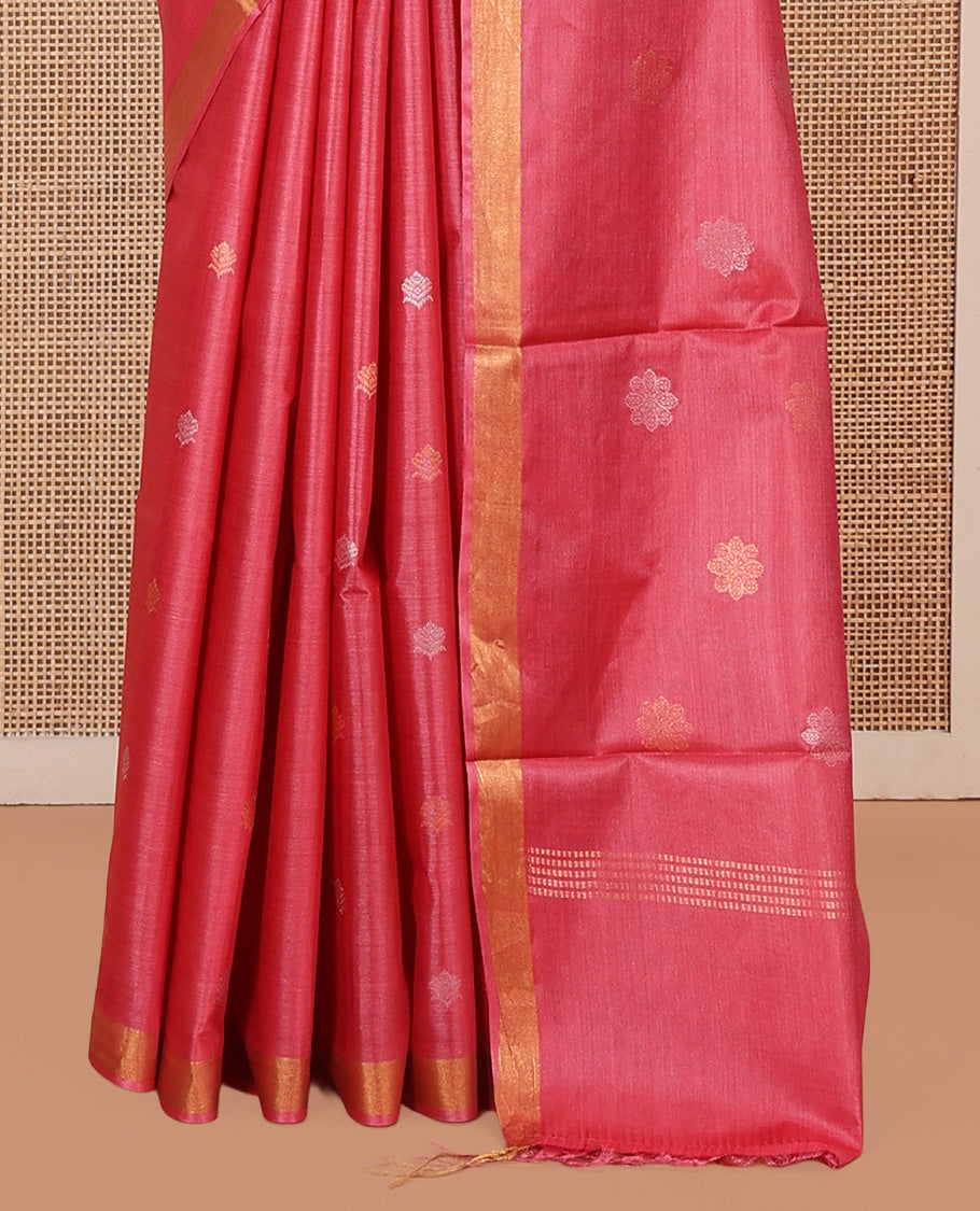 Pink Tussar Saree, Woven with Buttas, a Subtle Zari Border, Pallu of Zari Buttas, and a Matching Blouse