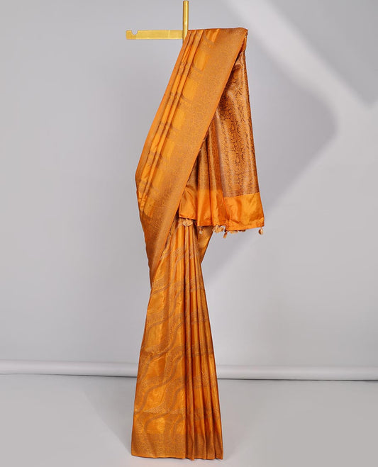 Yellow striped semi- banaras tussar saree with self zari  border & intricate zari ogee design pallu