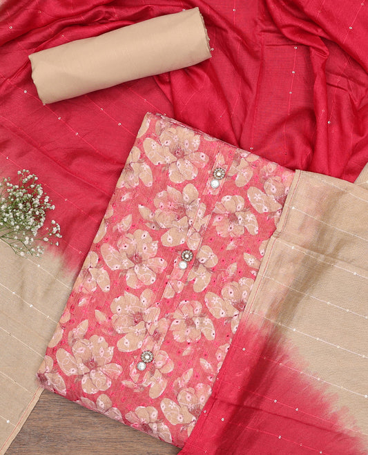 Red chudidhar material set floral thread embroidery top, contrast plain bottom & sequins embroidery dupatta
