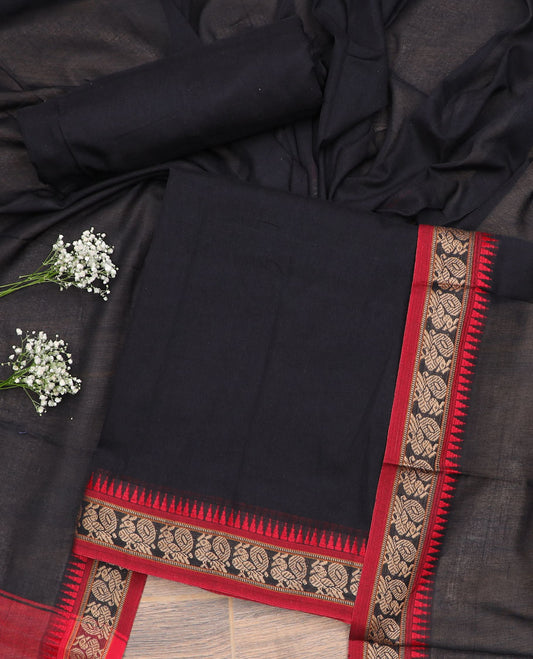 Black temple, peacock design chudidhar material top with plain bottom & plain, zari design border dupatta