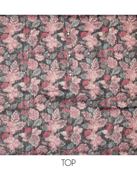 Grey material chudidar set, floral printed, and embroidered top, contrast plain bottom, and sequins striped dupatta