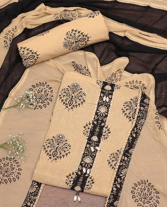 Sandal Material Churidar Set, Detailed with Unique Motif Print and Neck Work Cotton Top, Printed Bottom, and Sandal-Black Printed Chiffon Dupatta