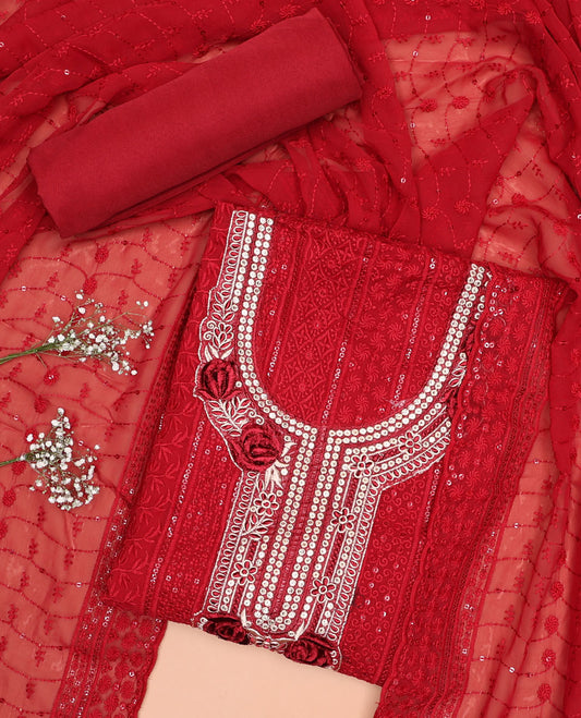 Maroon chudidhar material set , floral embroidery, sequins top, plain bottom & floral sequins with scallop border dupatta