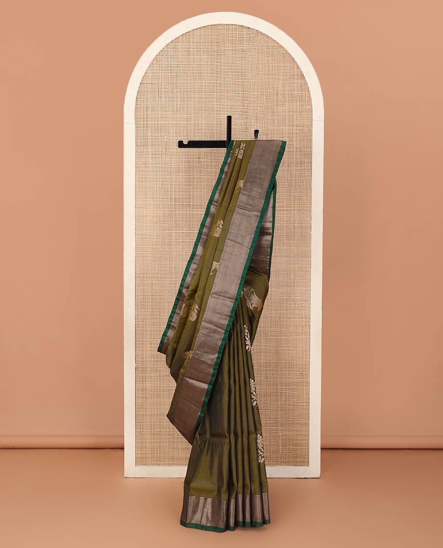 Green floral zari buttas Uppada saree, contrast bavanji border, and ogee patterned pallu