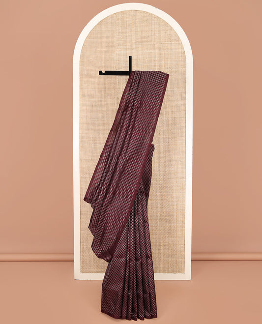Borderless Brown Venkatagiri Silk Saree, Steeped with Buttas All Over Its Body, Complemented by a Captivating Contrast Pallu of Jaal Designs, and Paired with a Contrast Blouse