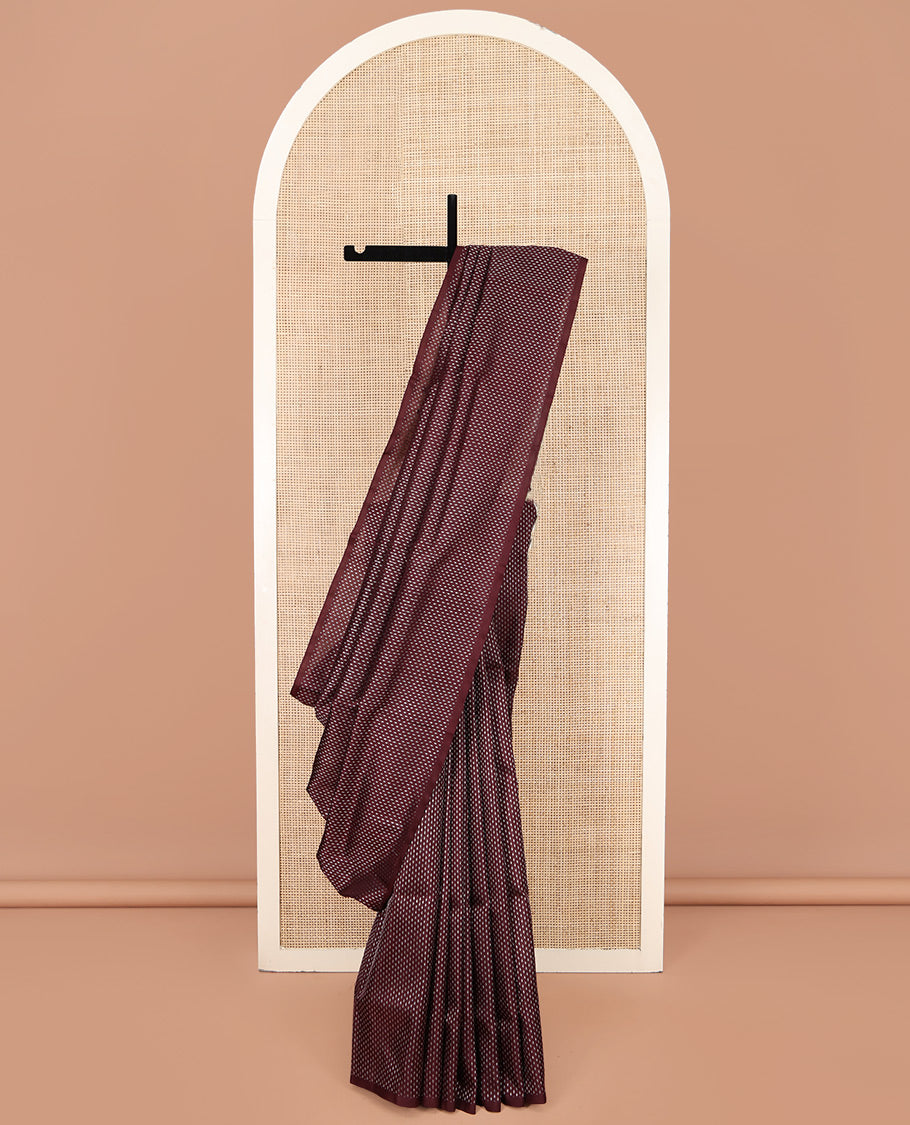 Borderless Brown Venkatagiri Silk Saree, Steeped with Buttas All Over Its Body, Complemented by a Captivating Contrast Pallu of Jaal Designs, and Paired with a Contrast Blouse