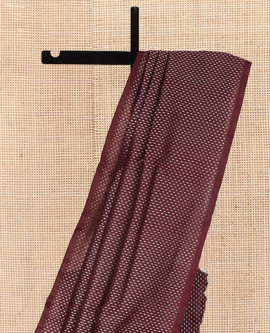Borderless Brown Venkatagiri Silk Saree, Steeped with Buttas All Over Its Body, Complemented by a Captivating Contrast Pallu of Jaal Designs, and Paired with a Contrast Blouse