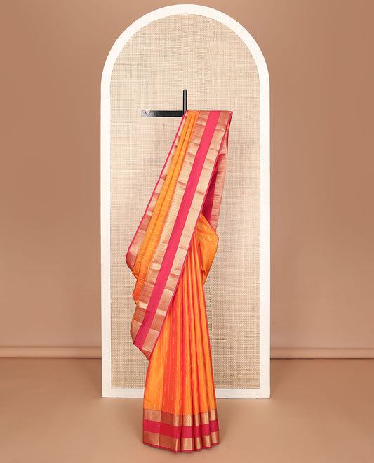 Orange zari buttas vasundhara elite silk saree, contrast rettai pettu zari border of thilakam, neli & paiyadi kann & intricate pallu