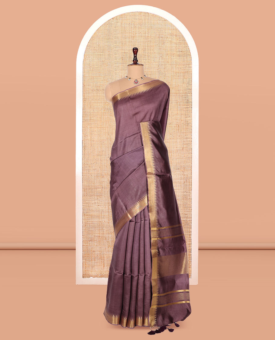 Brown Plain Banana Pith Saree, a Zari Temple Border, Striped Pallu, and Matching Blouse