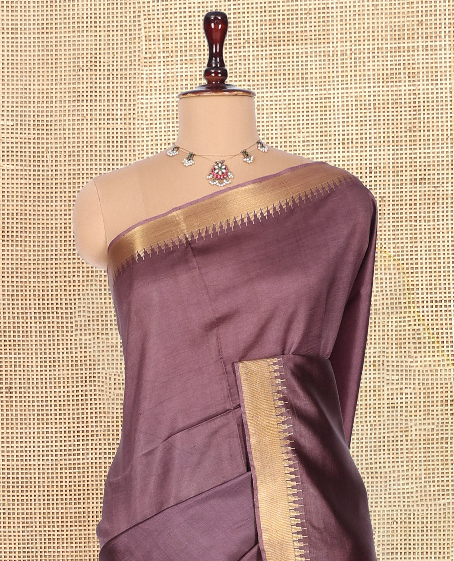 Brown Plain Banana Pith Saree, a Zari Temple Border, Striped Pallu, and Matching Blouse