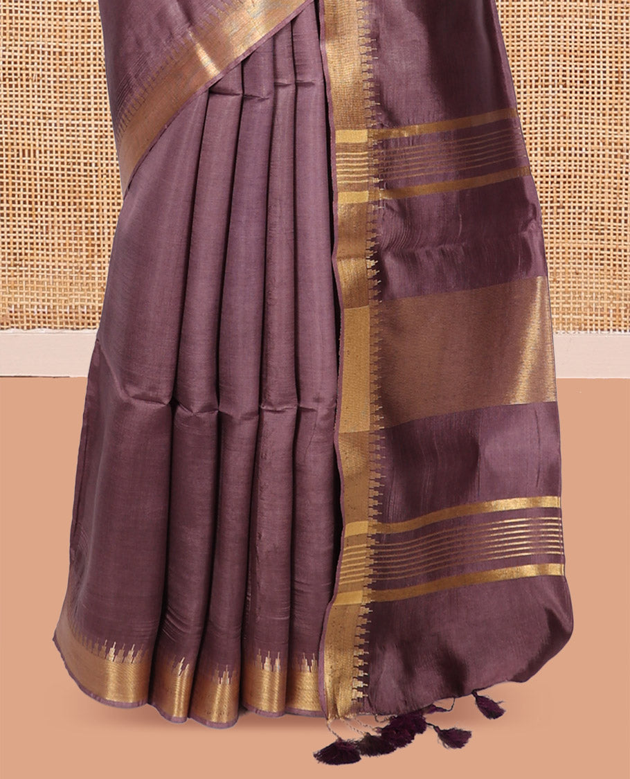 Brown Plain Banana Pith Saree, a Zari Temple Border, Striped Pallu, and Matching Blouse