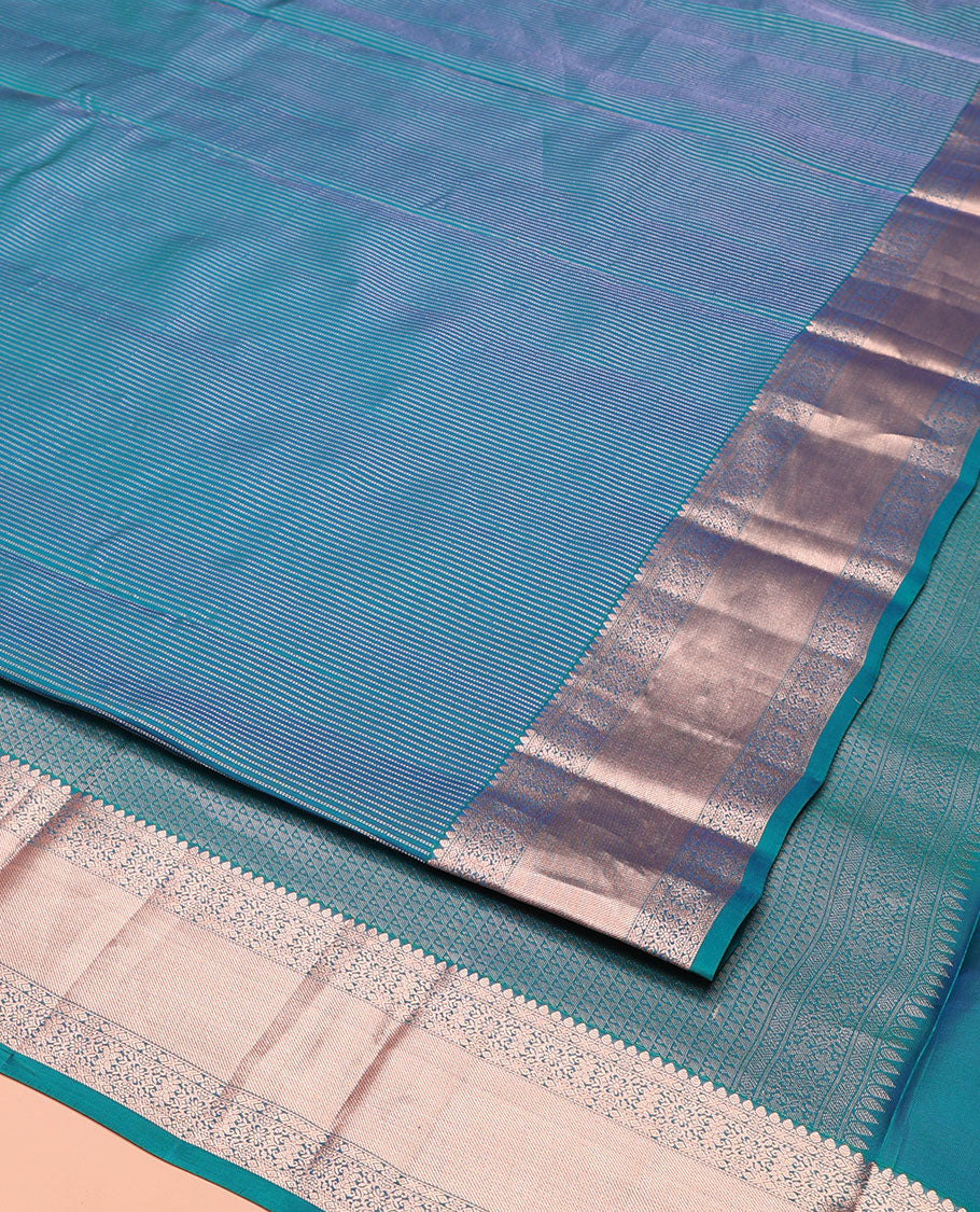 Blue Vasundhara Lite-Silk Mix Saree, Graced with Muthu Stripes, Highlighted by a Zari Border, Grand Pallu of Geometric Patterns, and Paired with a Matching Blouse