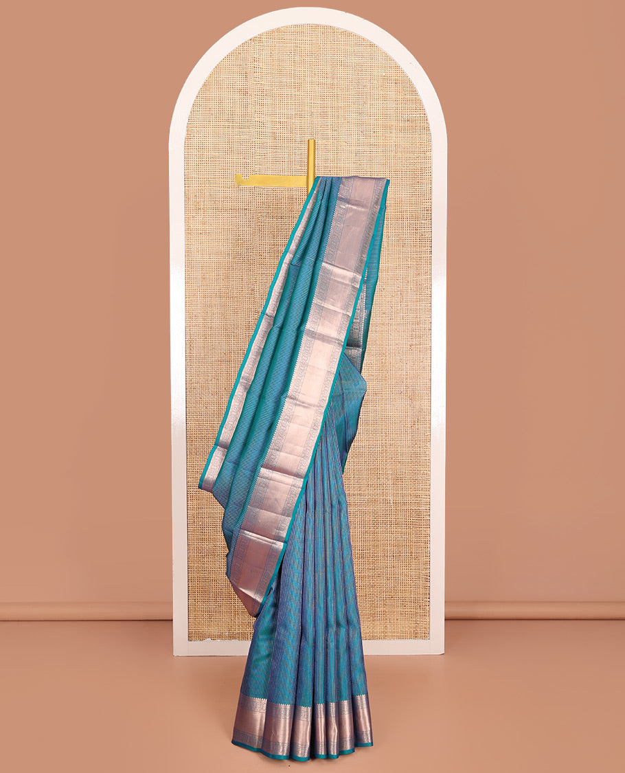 Blue Vasundhara Lite-Silk Mix Saree, Graced with Muthu Stripes, Highlighted by a Zari Border, Grand Pallu of Geometric Patterns, and Paired with a Matching Blouse