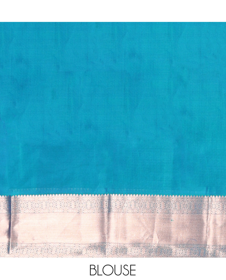 Blue Vasundhara Lite-Silk Mix Saree, Graced with Muthu Stripes, Highlighted by a Zari Border, Grand Pallu of Geometric Patterns, and Paired with a Matching Blouse