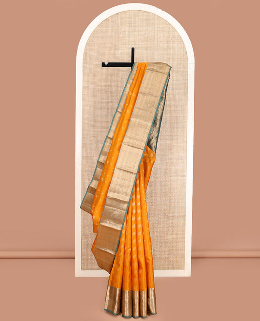 Yellow Vasundhara Lite Silk Mix Saree, Subtly Sparkled with Zari Buttas, Complemented by a Contrast Border of Muthu, Kodi Visiry, and Mayil Designs, Intricately Designed Pallu, and Paired with a Contrast Blouse