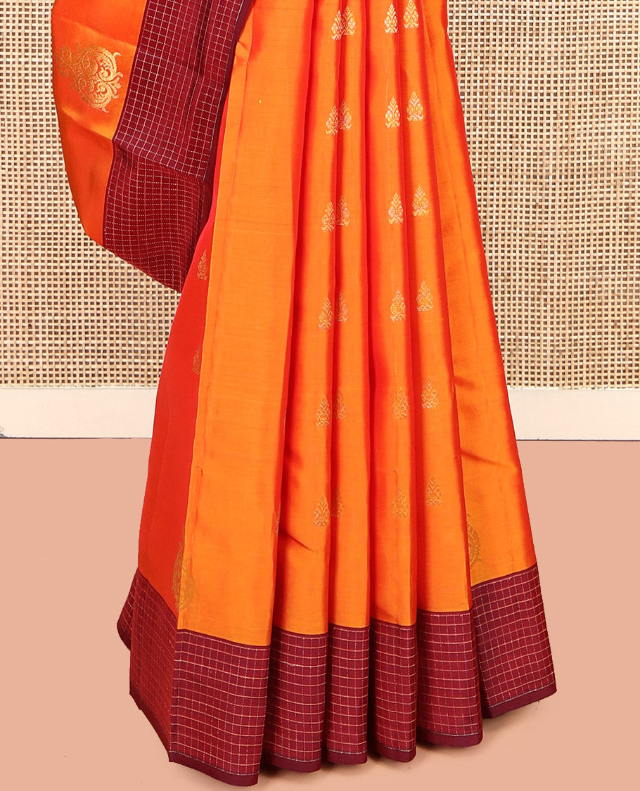 Orange Vasundhara Lite Silk Mix Saree, Enriched with Zari Buttas, Complemented by a Contrast Checked Border, Grand Jaal Pallu, and a Contrast Blouse