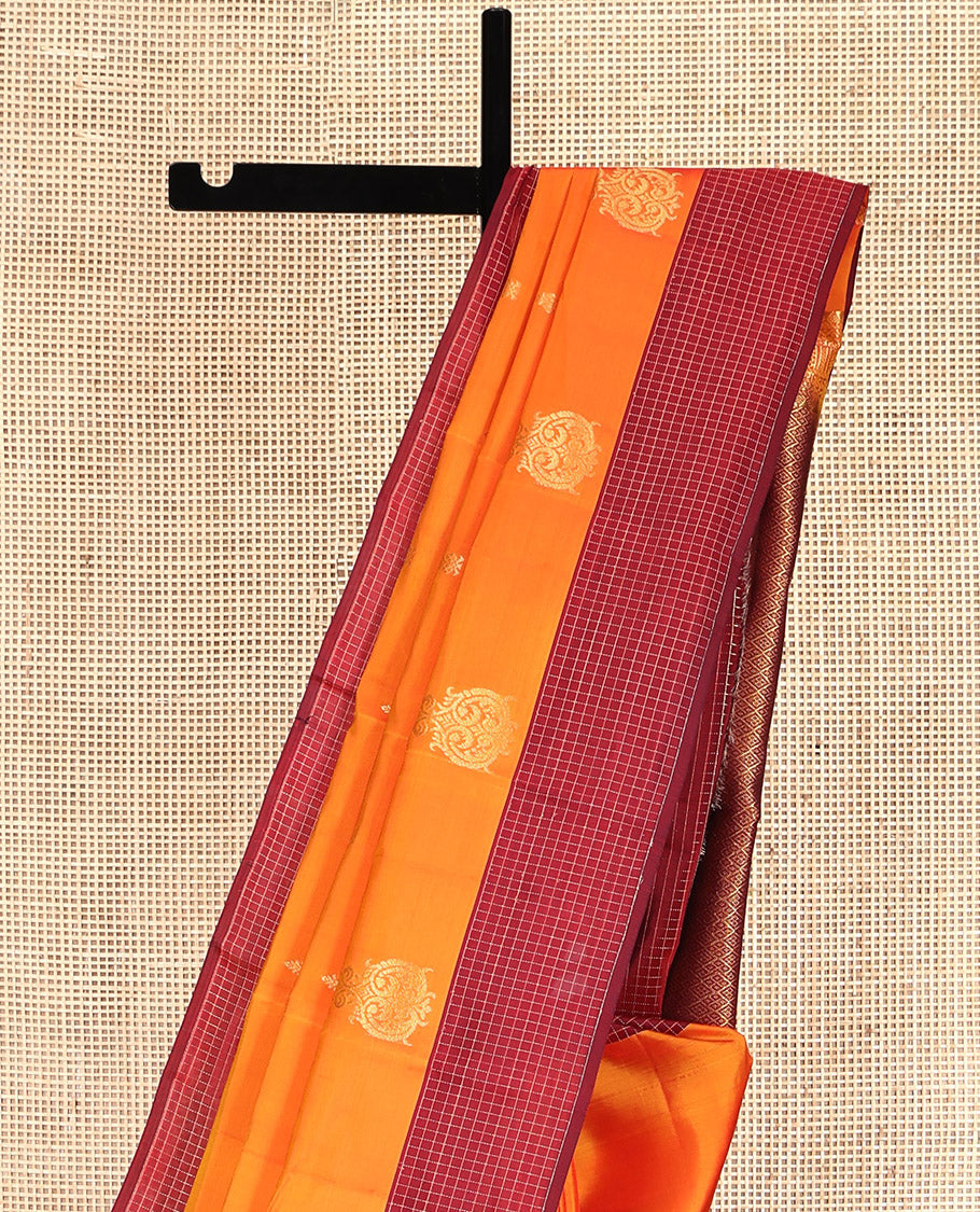 Orange Vasundhara Lite Silk Mix Saree, Enriched with Zari Buttas, Complemented by a Contrast Checked Border, Grand Jaal Pallu, and a Contrast Blouse
