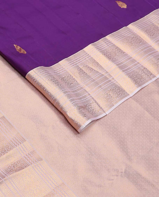Violet zari buttas Vasundhara silk mix saree, contrast border of muthu, neli, kamalam, and kathir designs, and jaal pallu