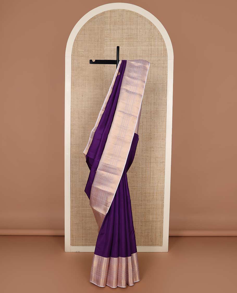 Violet zari buttas Vasundhara silk mix saree, contrast border of muthu, neli, kamalam, and kathir designs, and jaal pallu
