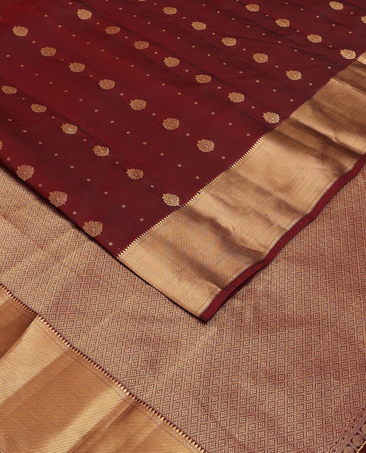 Maroon zari buttas vasundhara elite silksaree, zari border of rekku,neli & zari stripes & jaal pallu