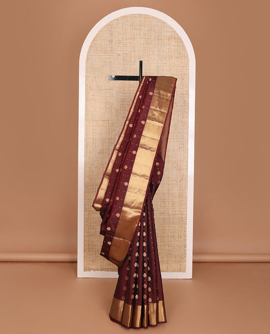 Maroon zari buttas vasundhara elite silksaree, zari border of rekku,neli & zari stripes & jaal pallu