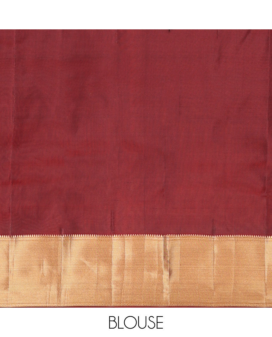 Maroon zari buttas vasundhara elite silksaree, zari border of rekku,neli & zari stripes & jaal pallu