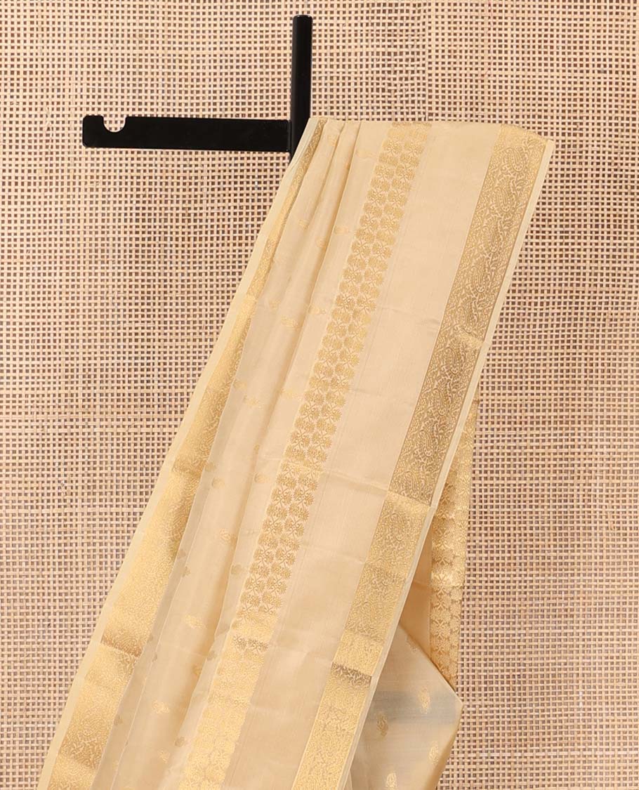 Sandal manga buttas Vasundhara silk mix saree, rettai pettu zari border of manga designs, and jaal pallu