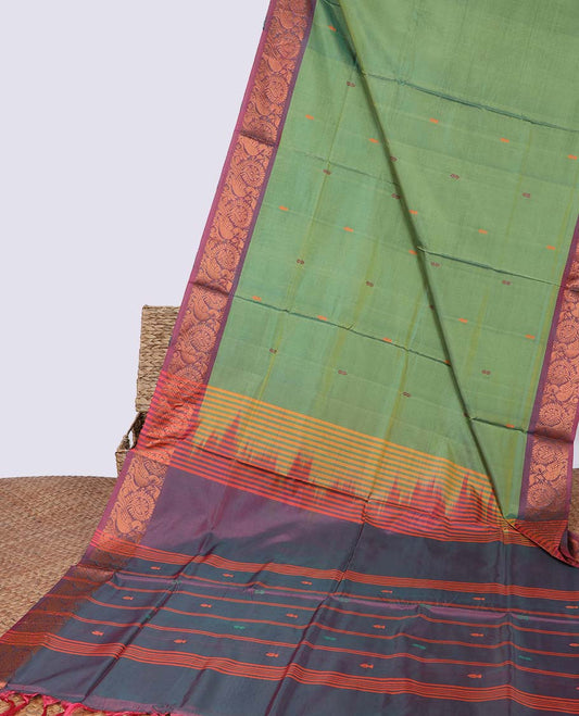 Green floral motifs banana pith saree with contrast zari border & striped , floral motifs pallu