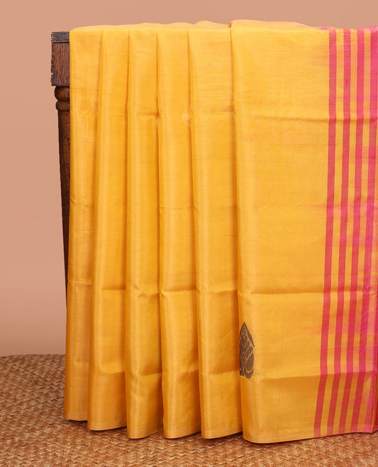 Borderless Yellow Banana Pith Saree, Delicately Woven with Buttas All Over Its Body, Complemented by a Contrast Pallu of Buttas, and Paired with a Contrast Blouse