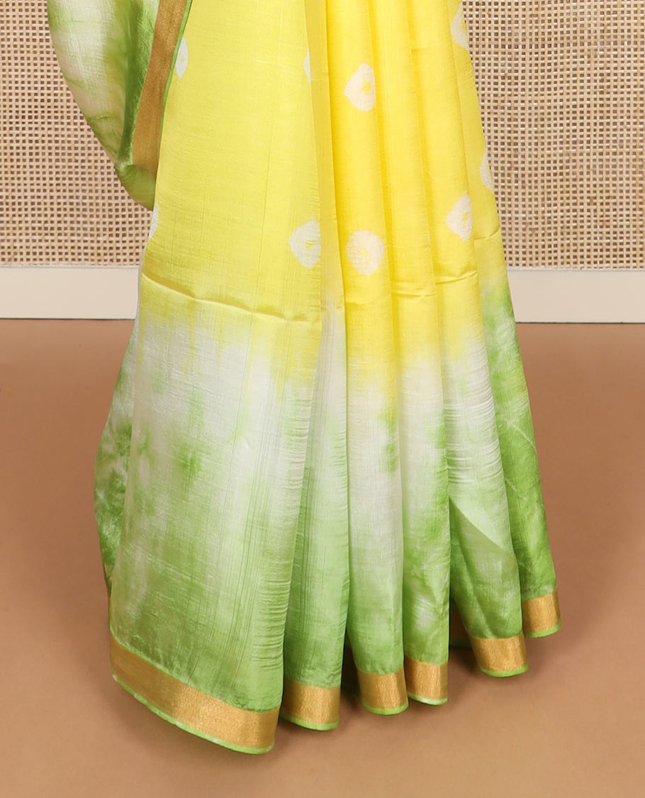 Yellow shibori printed banana pith saree, contrast shibori printed with zari border, and shibori printed pallu