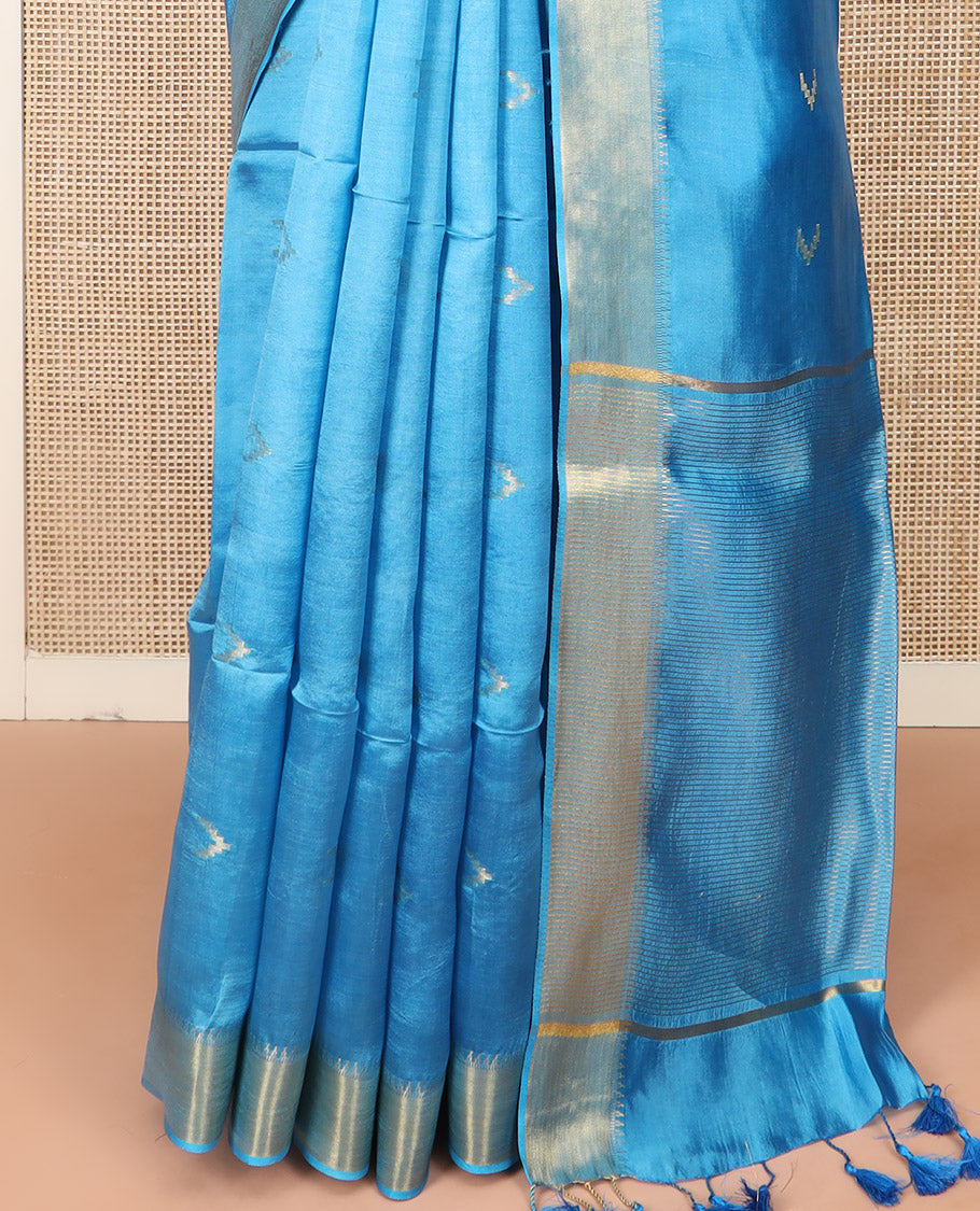 Blue Banana Pith Saree Decorated with Zari Temple Buttas, Delicately Woven Temple Zari Border, Gleaming Zari Pallu of Horizontal Stripes in Zari, and Paired with a Matching Plain Blouse